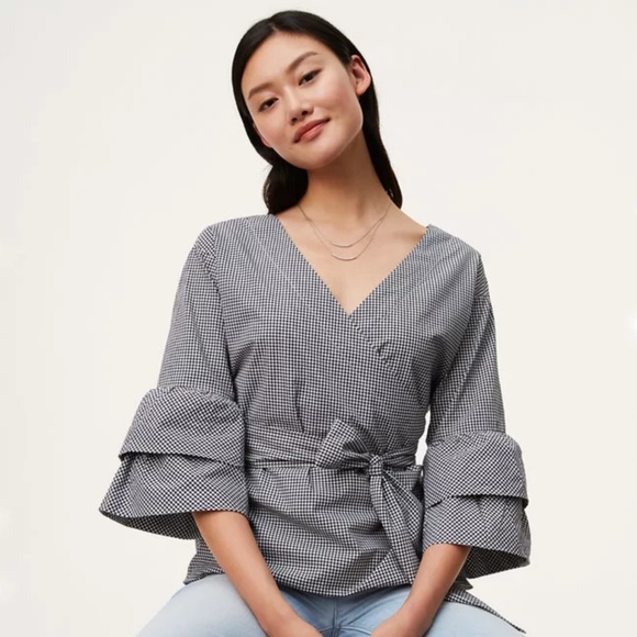 LOFT Tops - NWT LOFT check wrap tiered flare sleeve top LOFT Tops - NWT LOFT check wrap tiered flare sleeve top